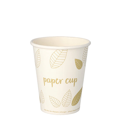 Un PAPSTAR GmbH gobelet en carton pur "ZERO" de 50 pièces, blanc avec motif de feuille dorée et inscription "paper cup", fabriqué à partir de matériaux durables, se tient debout sur un fond blanc.