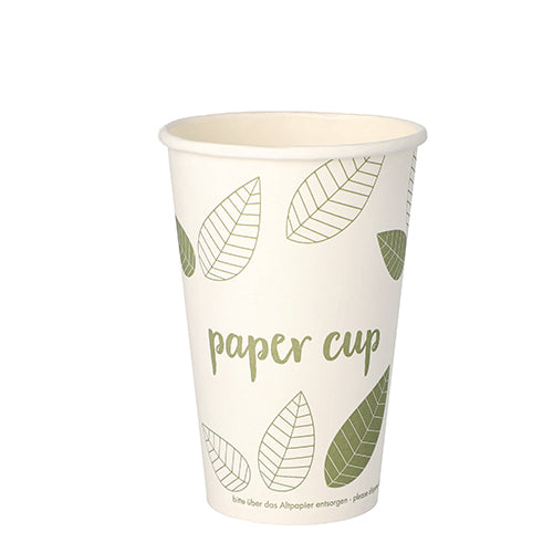 Un PAPSTAR gobelet en carton pur "ZERO" de 50 pièces de la PAPSTAR GmbH est illustré sur un fond blanc simple avec un design de feuille verte et le texte "Paper Cup", fabriqué à partir de matériaux durables.