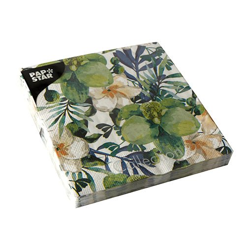 PAPSTAR 20 serviettes, 33 x 33 cm, 3 plis, 1/4 pli de PAPSTAR GmbH. Avec des motifs floraux et verts/oranges, emballé dans un film transparent avec l'étiquette "Papstar Collection".