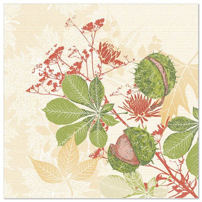 Illustration de feuilles de marronnier vertes et de capsules de graines avec des accents botaniques rouges et beiges sur fond crème, représentée sur les PAPSTAR 50 serviettes "ROYAL Collection" 1/4 plié 40 x 40 cm de PAPSTAR GmbH.
