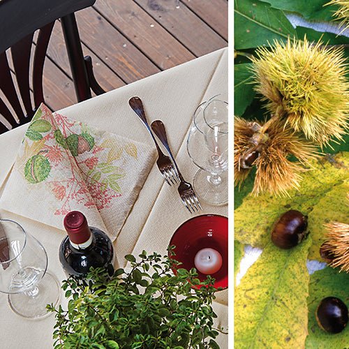 Une image partagée montre un ensemble de table élégant avec du vin, des verres, des couverts et PAPSTAR GmbH 50 serviettes "ROYAL Collection" (1/4-papillon, 40 x 40 cm) avec un motif de feuille, à côté un gros plan de marrons et de feuilles.