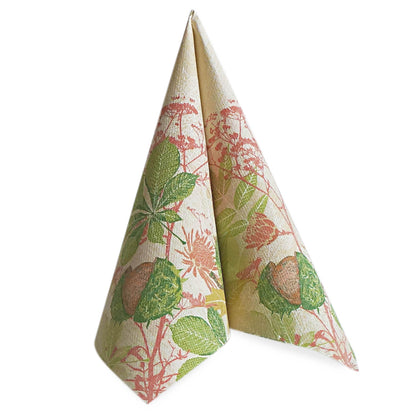La serviette pliée PAPSTAR 50 serviettes "ROYAL Collection" 1/4-papillon 40 x 40 cm avec motif de fleurs et de feuilles se tient debout sur fond blanc et confère à chaque table dressée une élégance. Marque : PAPSTAR GmbH.
