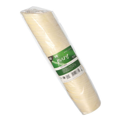 Un paquet de 50 gobelets à snack en bois « pure » PAPSTAR (7,2 cm de hauteur) de PAPSTAR GmbH, emballés dans un film transparent avec une étiquette verte et blanche - parfait pour servir des snacks de manière écologique.