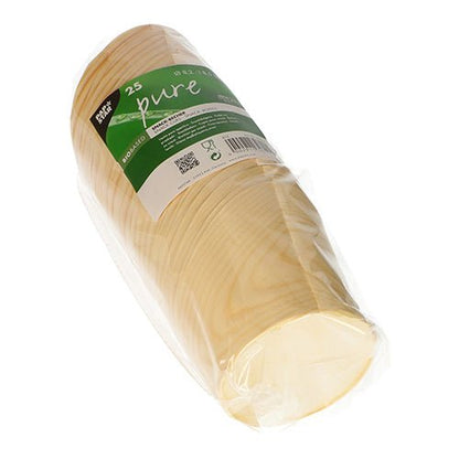 Une pile de gobelets à collation ronds et clairs "pure" en bois PAPSTAR (Ø 8,2 cm), emballée dans du plastique transparent avec une étiquette verte et blanche, avec 25 pièces; écologique, jetable et biodégradable de PAPSTAR GmbH.