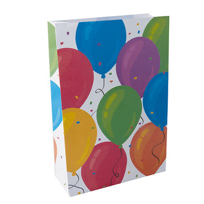 Les 10 sacs de fête PAPSTAR de la société PAPSTAR sont des sacs cadeaux rectangulaires en papier avec un motif de ballons et de confettis colorés sur fond blanc – idéal pour chaque fête.