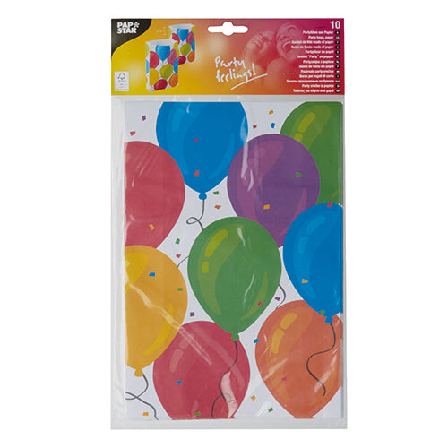 Un lot de 10 sacs de fête PAPSTAR de la société PAPSTAR, en papier et décoré de ballons colorés et de confettis – avec l'inscription « Ambiance de fête ! » sur le dessus – idéal pour chaque fête.
