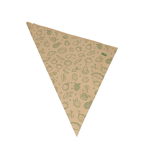 Ein dreieckiger brauner Kraftpapierbogen aus der Serie „1000 Spitztüten Obst & Gemüse“ der PAPSTAR GmbH mit grünen Strichzeichnungen von Obst, Gemüse und Blättern auf schlichtem weißem Hintergrund.