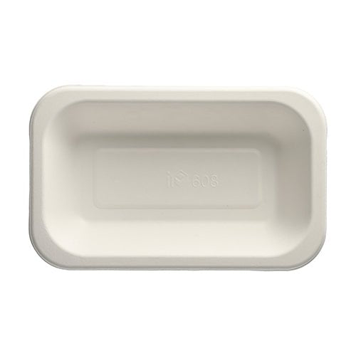 Les PAPSTAR 100 plats scellés de la PAPSTAR GmbH sont des plats jetables blancs, rectangulaires en fibre de canne à sucre moulée écologiquement avec des bords légèrement arrondis et un symbole de recyclage embossé avec un numéro sur le dessous.