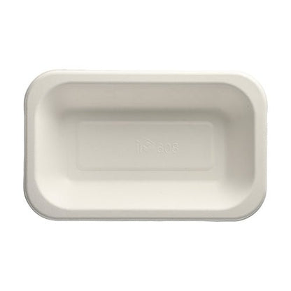Les PAPSTAR 100 plats scellés de la PAPSTAR GmbH sont des plats jetables blancs, rectangulaires en fibre de canne à sucre moulée écologiquement avec des bords légèrement arrondis et un symbole de recyclage embossé avec un numéro sur le dessous.