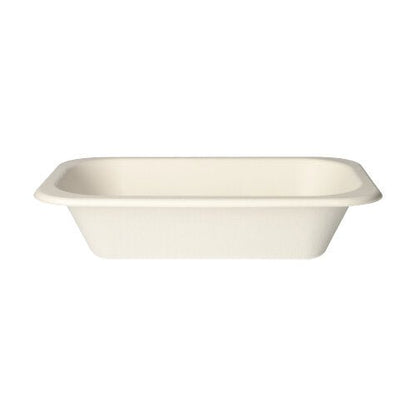 Les PAPSTAR 100 plats scellés de la PAPSTAR GmbH sont des plats jetables rectangulaires, plats, de couleur crème en canne à sucre avec des coins arrondis et des bords relevés, offrant un emballage écologique.