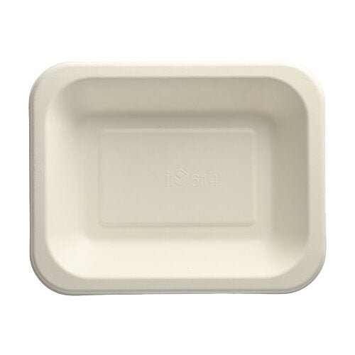 Les PAPSTAR 100 plats scellés en canne à sucre blanche (PAPSTAR GmbH) sont des contenants jetables rectangulaires, écologiques avec des coins légèrement arrondis et des bords relevés – visibles de dessus sur un fond neutre.