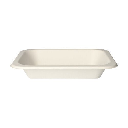Les 100 plats scellés de la PAPSTAR GmbH sont des plats blancs, rectangulaires, plats et simples en canne à sucre écologique avec des coins arrondis et des bords légèrement relevés.