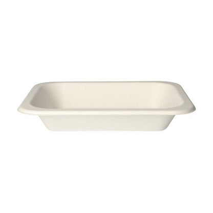 Les 100 plats scellés de la PAPSTAR GmbH sont des plats blancs, rectangulaires, plats et simples en canne à sucre écologique avec des coins arrondis et des bords légèrement relevés.