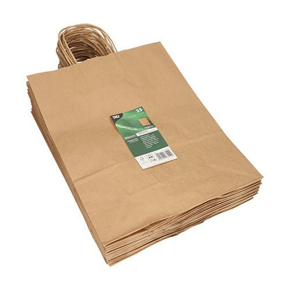 Une pile de PAPSTAR 25 sacs en papier avec poignées torsadées de la PAPSTAR GmbH est représentée sur un fond blanc. Le sac supérieur porte une étiquette produit vert-blanc avec texte et code-barres.