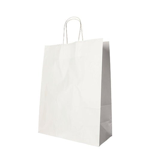 Un PAPSTAR GmbH 25 sacs en papier avec poignées torsadées se tient debout sur un fond blanc.