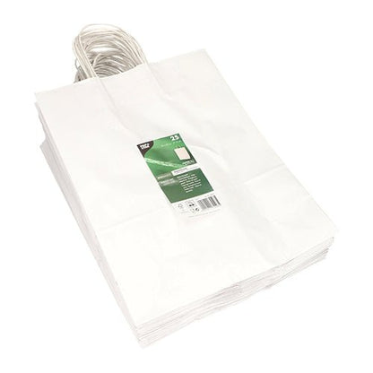 Une pile de PAPSTAR 25 sacs en papier avec poignées torsadées de la PAPSTAR GmbH est empilée. Sur le sac supérieur se trouve une étiquette produit vert-blanc avec des informations et un code-barres.