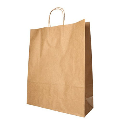 Un sac en papier PAPSTAR GmbH avec poignée torsadée se tient vide et non imprimé, debout sur un fond blanc - idéal pour des besoins de sacs écologiques. Emballage : 25 pièces, nom du produit : PAPSTAR 25 sacs.