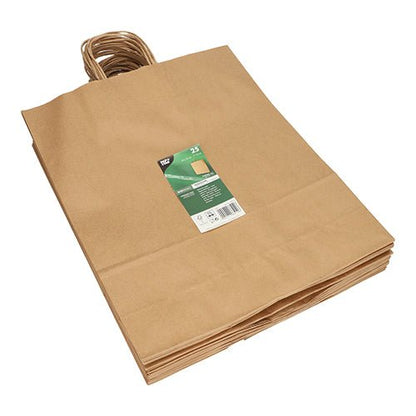Au-dessus se trouve une pile de PAPSTAR 25 sacs en papier avec poignée torsadée de PAPSTAR GmbH et une étiquette produit verte et blanche.