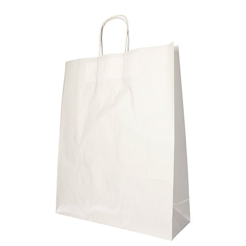 Un PAPSTAR GmbH PAPSTAR 25 sac en papier écologique avec poignée torsadée se tient vide et légèrement froissé sur un fond blanc.