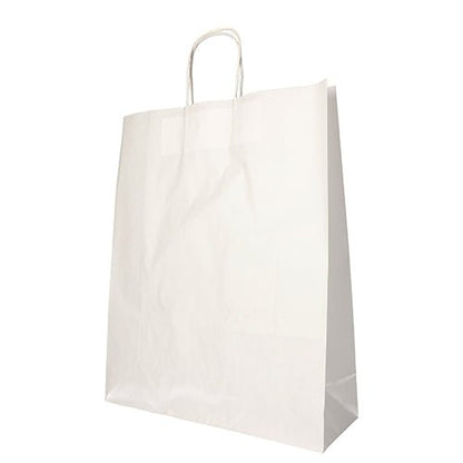 Un PAPSTAR GmbH PAPSTAR 25 sac en papier écologique avec poignée torsadée se tient vide et légèrement froissé sur un fond blanc.