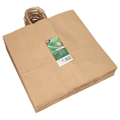 Une pile de PAPSTAR 25 sacs en papier avec poignées torsadées de PAPSTAR GmbH est à plat, surmontée d'une étiquette vert-blanc qui identifie les sacs écologiques.