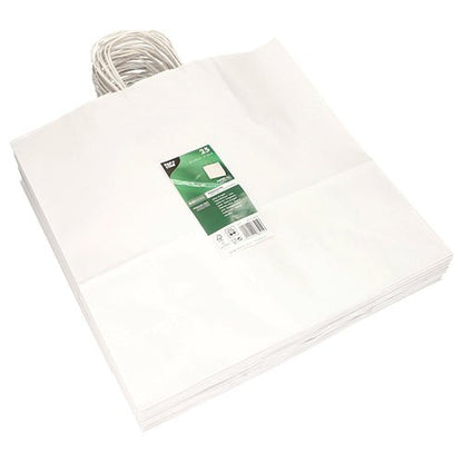 Une pile de PAPSTAR 25 sacs en papier avec poignée torsadée de PAPSTAR GmbH est posée à plat, le sac supérieur montre une étiquette verte et blanche avec des informations sur le produit.