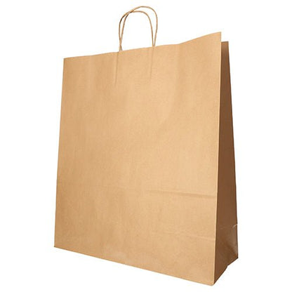 Les PAPSTAR 25 sacs en papier brun avec poignée torsadée de PAPSTAR GmbH se tiennent debout sur un fond blanc.