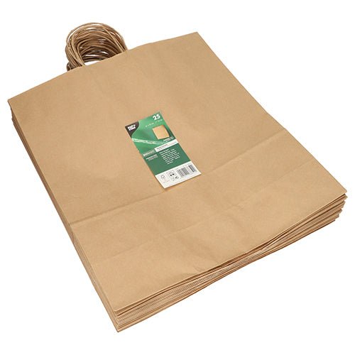 Un ensemble de PAPSTAR 25 sacs en papier brun avec poignée torsadée de PAPSTAR GmbH, regroupés et étiquetés en vert comme un ensemble.