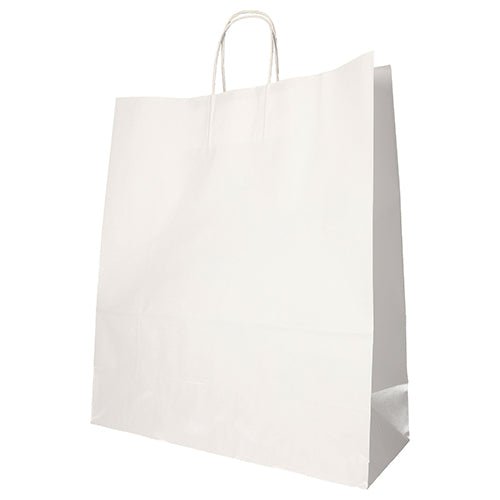 Les PAPSTAR 25 sacs de PAPSTAR GmbH sont fabriqués en papier blanc écologique avec une poignée torsadée. Ils se tiennent debout sur un fond blanc.