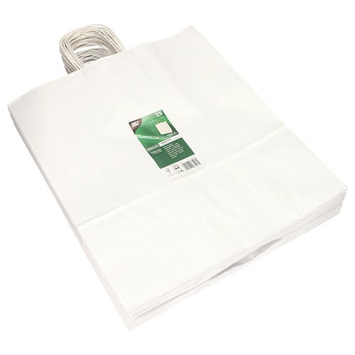 Une pile de PAPSTAR 25 sacs en papier avec poignée torsadée de PAPSTAR GmbH est soigneusement posée sur une surface blanche, avec une étiquette produit verte et blanche.