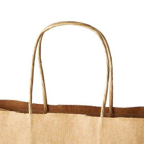 Gros plan sur les PAPSTAR 25 sacs de PAPSTAR GmbH. Les poignées en papier torsadées sont visibles sur un fond blanc. Le design écologique et le bord supérieur du sac en papier brun sont visibles sur l'image.