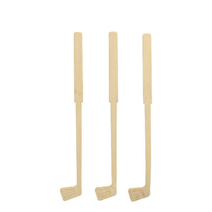 Drei PAPSTAR 100 Getränke-Quirle aus Bambus „pure“ von PAPSTAR GmbH, geformt wie Golfclubs, stehen aufrecht in einer Reihe vor weißem Hintergrund.