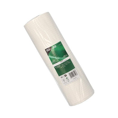 Devant un fond uni, un rouleau de tissu en fibre de verre blanc avec une étiquette verte et blanche est illustré, qui ressemble au couvercle PAPSTAR pour gobelets, rond Ø 9 cm, blanc, carton | film (50 pièces) de la société PAPSTAR GmbH.