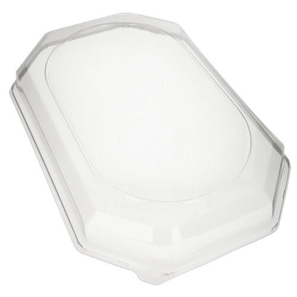 Le couvercle Starpak 10 pour plateaux de service en PET transparent est un couvercle octogonal avec des bords légèrement surélevés pour une conservation efficace de la fraîcheur. Sa surface lisse et claire se détache sur un fond blanc.