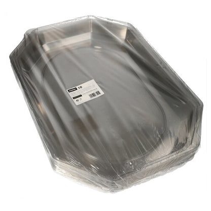 Une pile de couvercles ovales Starpak 10 pour plateaux de service de Starpak en PET transparent, enveloppée dans du plastique transparent avec un code-barres et une étiquette d'information produit sur le dessus, assure une fraîcheur optimale pour les plateaux de service avec des bords inclinés.