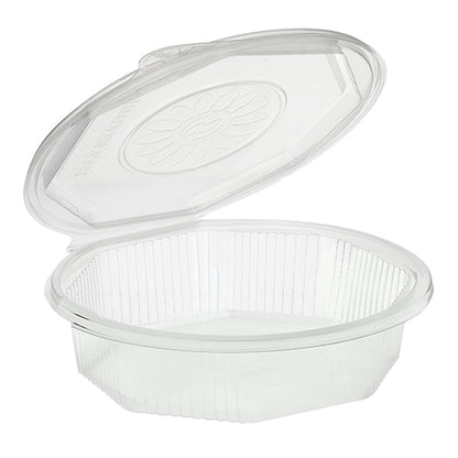 Une boîte à menu Starpak PP transparente octogonale (5,9 x 21,5 x 21,5 cm) avec couvercle rabattable, révélant le contenu vide ; motif floral en relief sur le couvercle. Idéal pour le stockage des aliments. Ensemble de 25 boîtes à menu avec couvercle rabattable, transparent.