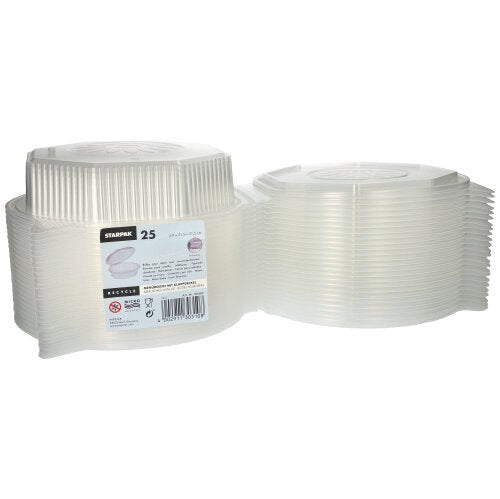 Deux piles de 25 boîtes à menu Starpak avec couvercles rabattables, PP transparentes et octogonales (5,9 x 21,5 x 21,5 cm) sont illustrées côte à côte. Idéal pour le stockage des aliments ou pour servir des repas lors de tout événement.