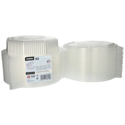 Deux piles de 25 boîtes à menu Starpak avec couvercles rabattables, PP transparentes et octogonales (5,9 x 21,5 x 21,5 cm) sont illustrées côte à côte. Idéal pour le stockage des aliments ou pour servir des repas lors de tout événement.