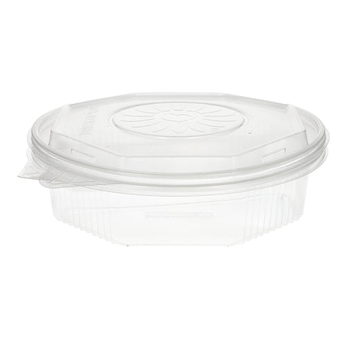 Un conteneur à emporter Starpak 25 boîtes à menu avec couvercles rabattables, PP transparent, octogonal (5,9 x 21,5 x 21,5 cm) est illustré vide avec couvercle en place sur fond blanc.