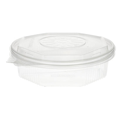 Un conteneur à emporter Starpak 25 boîtes à menu avec couvercles rabattables, PP transparent, octogonal (5,9 x 21,5 x 21,5 cm) est illustré vide avec couvercle en place sur fond blanc.