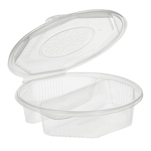 Un conteneur PP Starpak 25 boîtes à menu transparent, à 8 côtés avec couvercle rabattable (5,9 x 21,5 x 21,5 cm), illustré ouvert - idéal pour le stockage pratique des aliments.