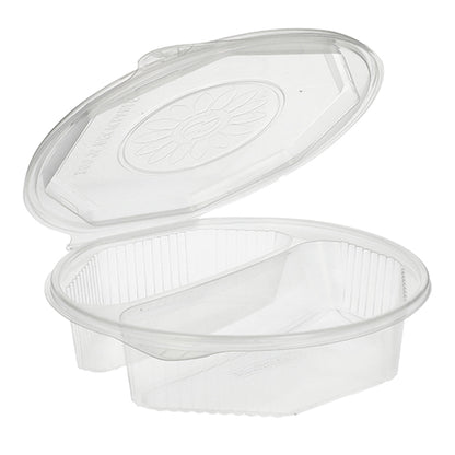 Un conteneur PP Starpak 25 boîtes à menu transparent, à 8 côtés avec couvercle rabattable (5,9 x 21,5 x 21,5 cm), illustré ouvert - idéal pour le stockage pratique des aliments.