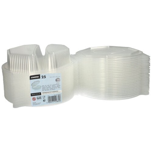 Un empilement de 25 boîtes à menu Starpak avec couvercles rabattables, en PP transparent (octogonal, 5,9 x 21,5 x 21,5 cm) est montré. L'étiquette contient des informations sur la marque et des instructions d'utilisation - idéal pour le stockage des aliments ou pour servir.