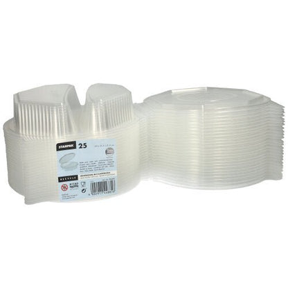 Un empilement de 25 boîtes à menu Starpak avec couvercles rabattables, en PP transparent (octogonal, 5,9 x 21,5 x 21,5 cm) est montré. L'étiquette contient des informations sur la marque et des instructions d'utilisation - idéal pour le stockage des aliments ou pour servir.