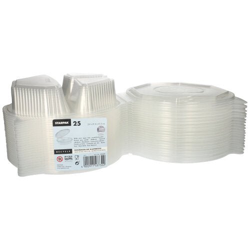 Un ensemble de 25 boîtes à menu Starpak, PP transparentes et octogonales (5,9 x 21,5 x 21,5 cm), avec couvercles rabattables. Idéal pour le stockage des aliments ; l'étiquette du produit est visible sur l'emballage.