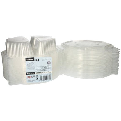 Un ensemble de 25 boîtes à menu Starpak, PP transparentes et octogonales (5,9 x 21,5 x 21,5 cm), avec couvercles rabattables. Idéal pour le stockage des aliments ; l'étiquette du produit est visible sur l'emballage.
