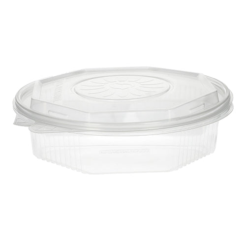 Les boîtes à menu Starpak 25 sont des conteneurs à emporter en polypropylène transparents à 8 côtés avec couvercle rabattable mesurant 5,9 x 21,5 x 21,5 cm - idéales pour le stockage des aliments et illustrées vides sur fond blanc.