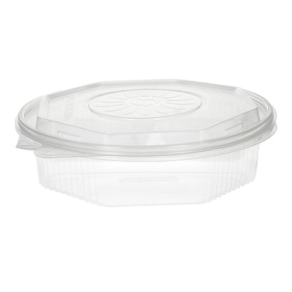 Les boîtes à menu Starpak 25 sont des conteneurs à emporter en polypropylène transparents à 8 côtés avec couvercle rabattable mesurant 5,9 x 21,5 x 21,5 cm - idéales pour le stockage des aliments et illustrées vides sur fond blanc.