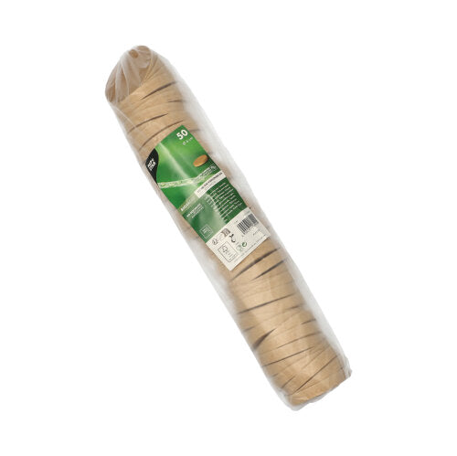 Un paquet sous film rétractable de 50 couvercles PAPSTAR GmbH, ronds et bruns (Ø 6 cm) pour gobelets à portions est empilé et muni d'une étiquette verte avec des informations. Produit : PAPSTAR couvercle pour gobelets à portions, brun.
