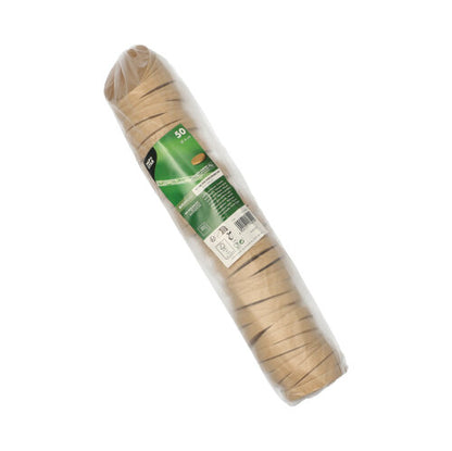 Un paquet sous film rétractable de 50 couvercles PAPSTAR GmbH, ronds et bruns (Ø 6 cm) pour gobelets à portions est empilé et muni d'une étiquette verte avec des informations. Produit : PAPSTAR couvercle pour gobelets à portions, brun.